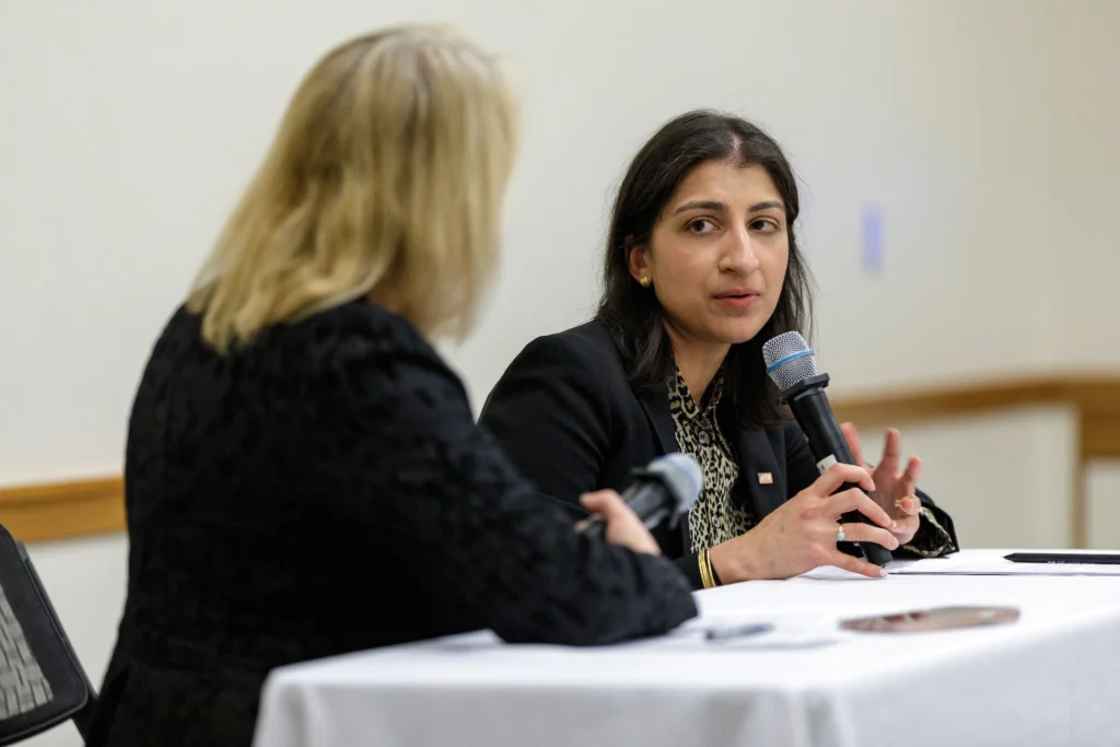 FTC Chair Lina Khan speaks at an event on Antitrust, Labor, and Economic Opportunity  at Harvard Law School on Feb. 21. Credit: Lorin Granger